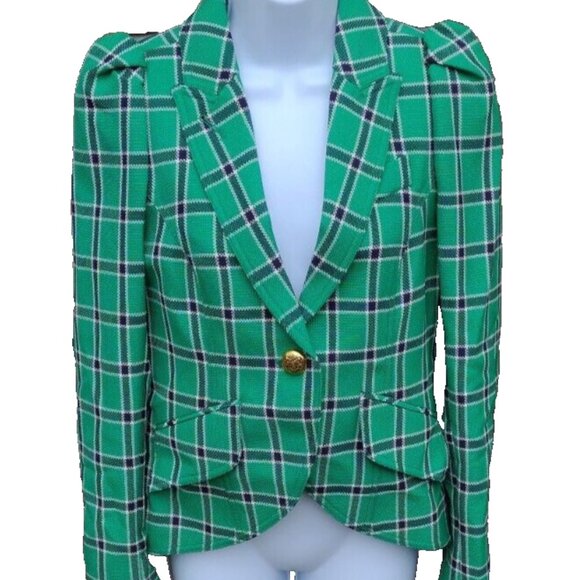 Smythe Equestrian Puff Sleeve Wool Blazer Kelly Green Hunting Plaid Size 6 NWT - Picture 2 of 9